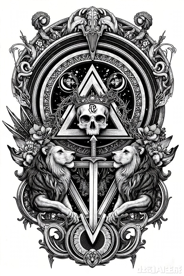 The image is a black and white illustration of a mystical and ornate design
The design is in the shape of a circle with a pentagram in the center
Surrounding the pentagram are various elements such as flowers, leaves, and other mythical creatures. In the center of the circle, there is a skull with a crown of thorns on its head, holding a sword in its right hand
The skull is surrounded by a triangle-shaped frame with intricate patterns and designs
On either side of the skull, there are two lions, one on each side, with their heads facing towards the viewer
The lion on the left is holding a book in its left hand, while the one on the right is looking up at the skull with its mouth open, as if it is about to speak
The overall style of the design is ornate and detailed, with bold lines and curves.
