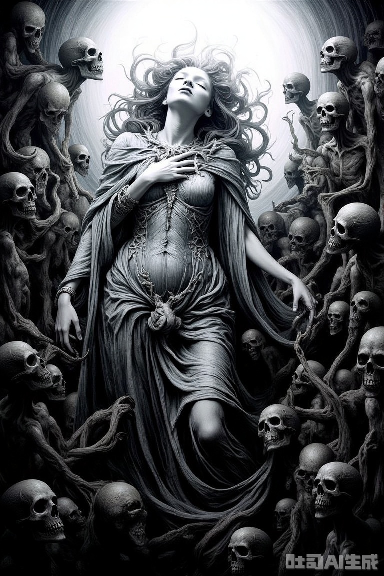 The image is a black and white illustration of a woman with long, flowing hair, standing in the center of a large group of skulls
The woman appears to be in a state of distress, with her eyes closed and her head tilted back, as if she is in a trance-like state
The skulls around her are of various sizes and shapes, and they are scattered around her
The background is dark and eerie, with a hint of smoke and fog
The overall mood of the image is one of fear and dread.