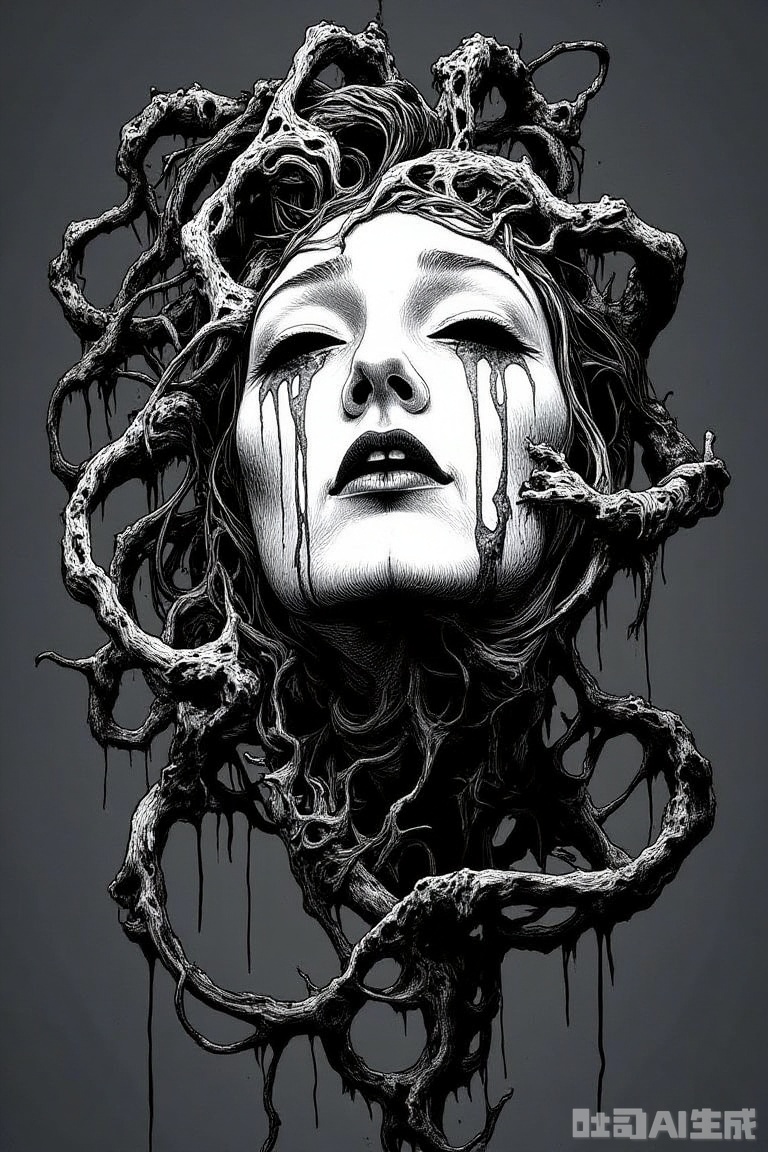 The image is a black and white illustration of a woman's face
The face is in the center of the image, with her eyes closed and her mouth slightly open
Her hair is twisted and tangled around her head, creating a chaotic and unsettling appearance
The background is a dark grey color, making the face stand out even more. The woman's expression is one of sadness or despair, with tears streaming down her cheeks
Her lips are slightly parted, as if she is crying or crying
The overall mood of the illustration is dark and eerie.