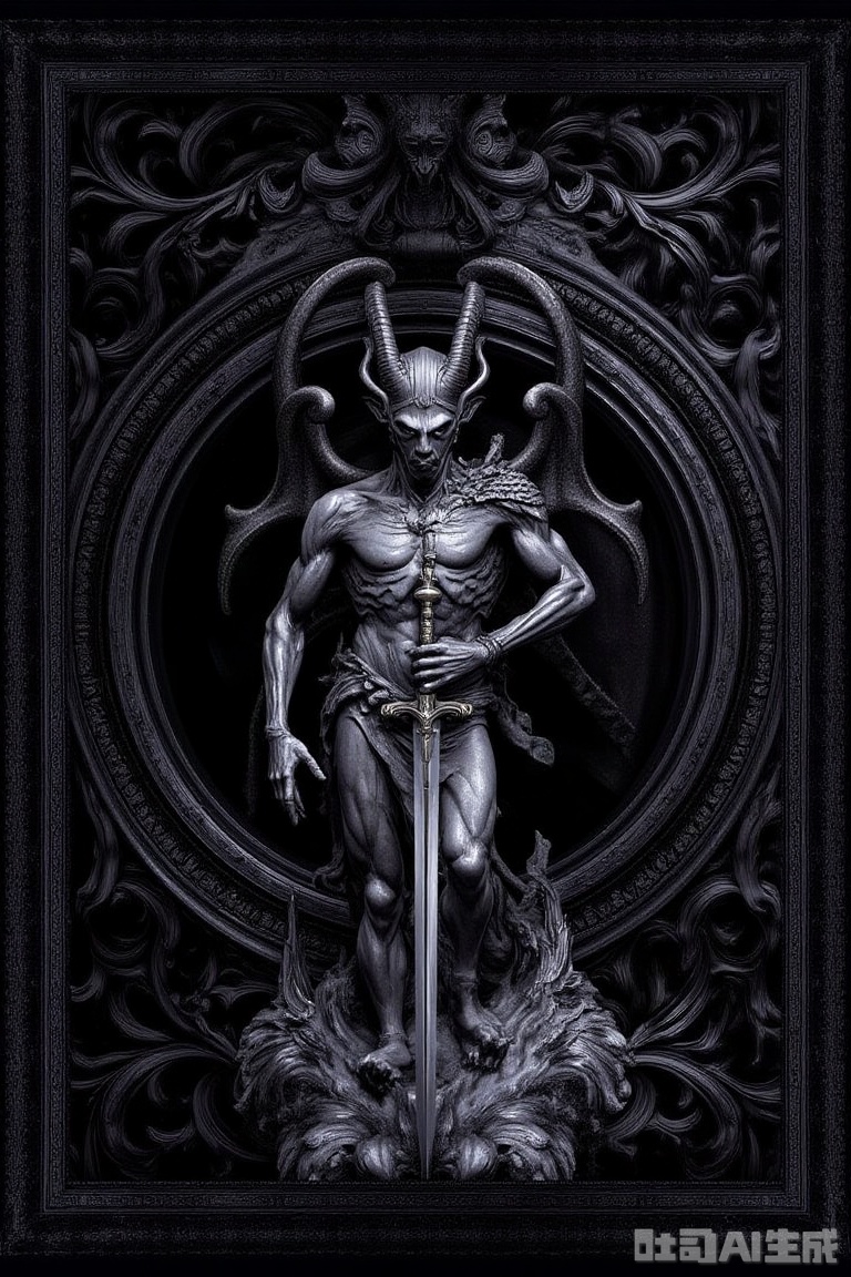 The image is a black and white illustration of a statue of a demon-like figure holding a sword and shield
The figure is standing on a throne-like structure with intricate designs and patterns around it
The background is a dark, ornate frame with a circular design in the center
The overall tone of the image is dark and ominous, conveying a sense of power and authority.