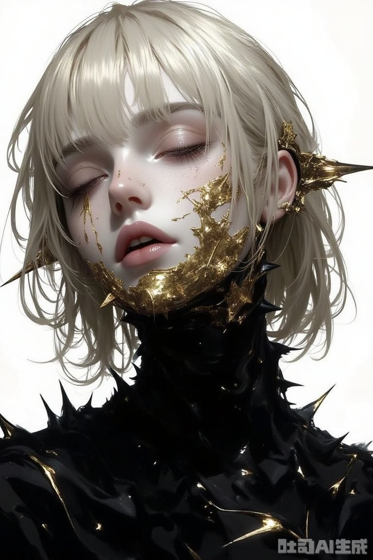 The image is a digital art piece that appears to be a portrait of a woman's face
The woman has blonde hair that is styled in loose waves and is covered in spikes
She is wearing a black outfit with gold accents on her face and neck
Her eyes are closed and her lips are slightly parted, as if she is in a trance-like state
The background is white, and the overall mood of the image is dark and eerie
The overall tone of the piece is ominous and foreboding.