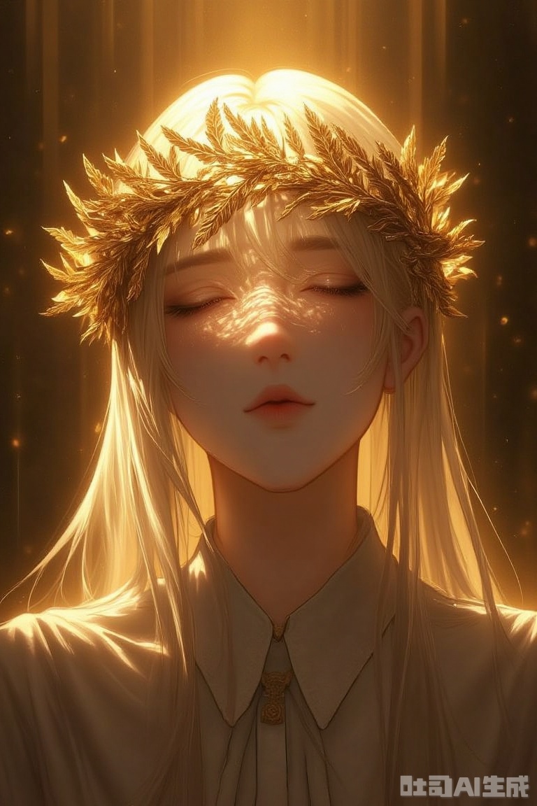 The image is a digital illustration of a woman's face and upper body
She has long blonde hair that is styled in loose waves and cascades down her back
Her eyes are closed, and she is wearing a gold crown of leaves on her head
The crown is made up of small, intricate leaves that are intricately detailed and appear to be glowing
The background is a dark, foggy landscape with a hint of orange and yellow
The overall mood of the image is mystical and mystical.