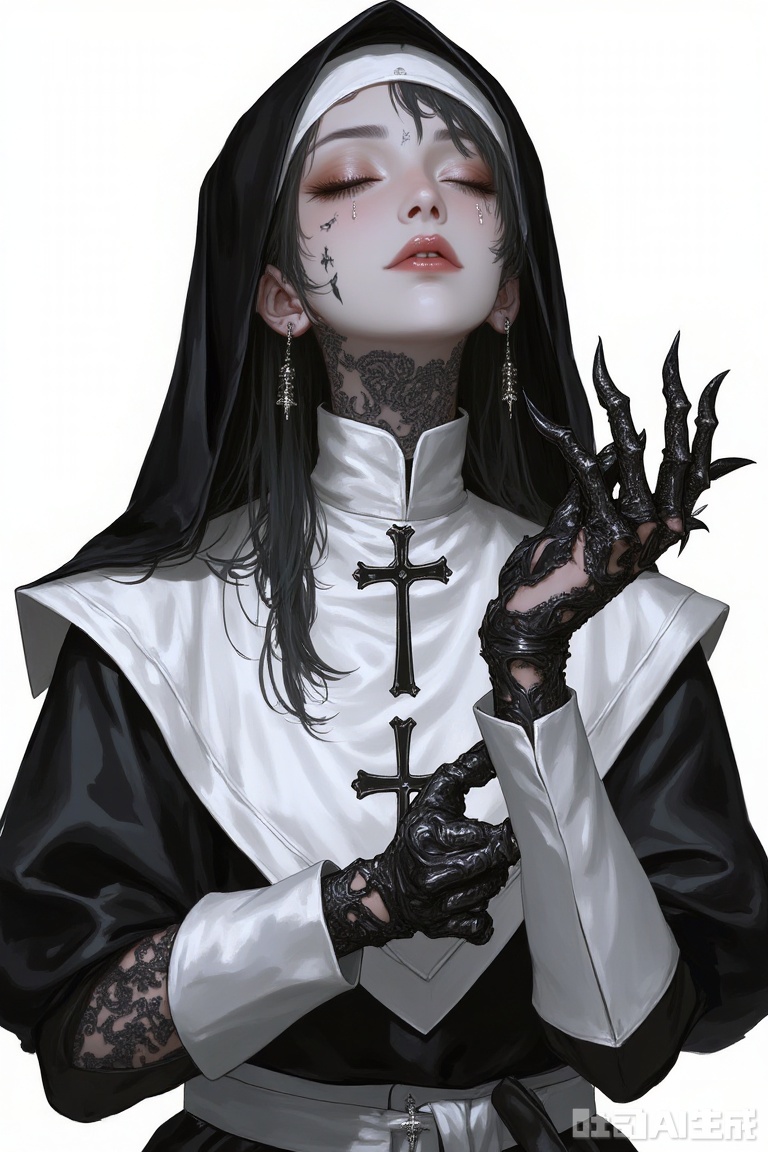 The image is a digital illustration of a young woman dressed up as a nun
She is wearing a black and white outfit with a hooded cloak and a cross on her chest
Her face is covered in tattoos and her eyes are closed, giving her a peaceful and serene expression
She has long dark hair and is holding a pair of black gloves with sharp claws on her hands
The background is plain white, making the woman the focal point of the image.

