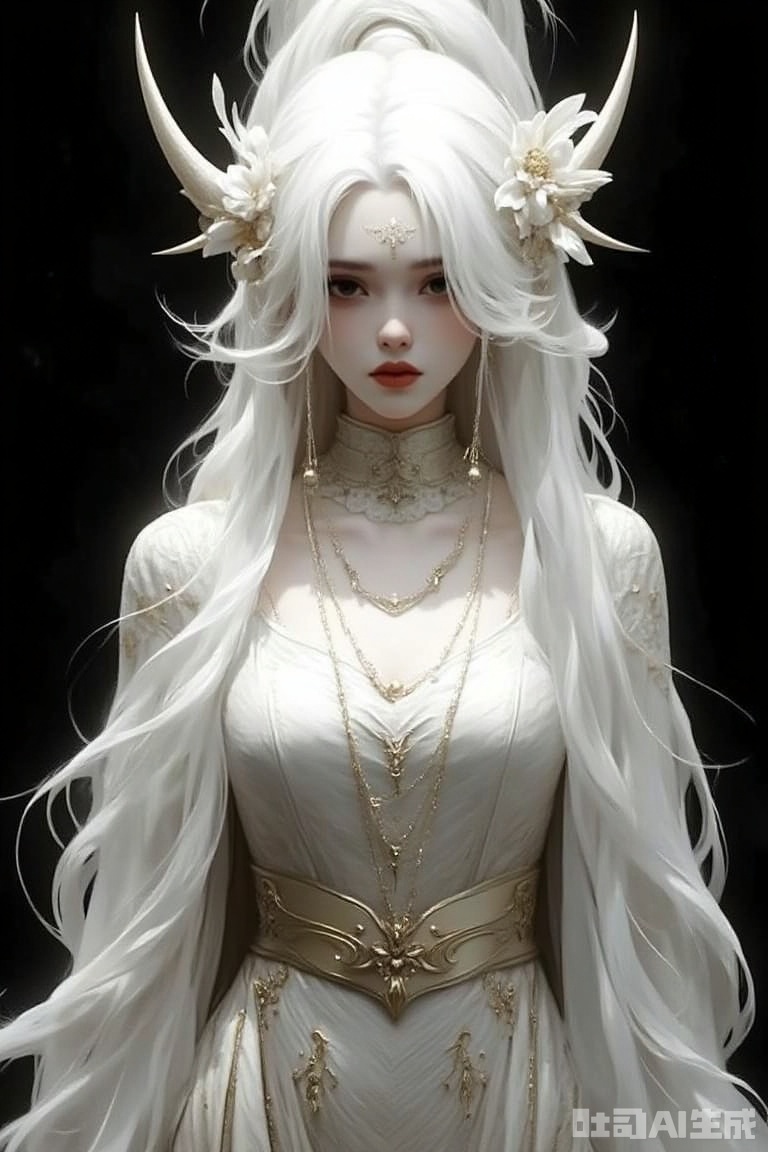 The image is a portrait of a young woman with long white hair styled in an elaborate and dramatic manner
She is wearing a white dress with gold accents and a gold necklace
The dress has a high neckline and long sleeves, and the skirt is made of a sheer fabric with gold embroidery
The woman's hair is styled in loose waves and cascades down her back, framing her face
She has a large headpiece made of white feathers and flowers, with a pair of large horns on either side
The background is black, making the woman stand out even more
The overall mood of the image is dark and mysterious.
