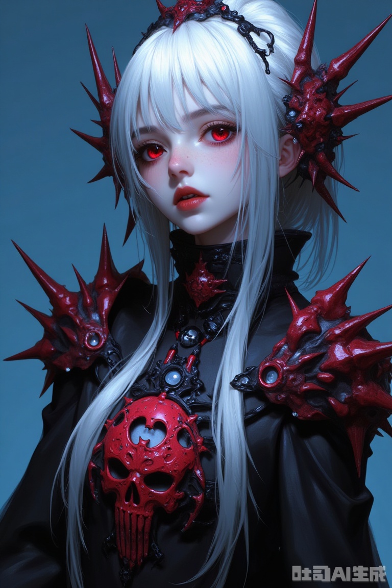 Prompt: The image is a young woman with long white hair and red eyes She is wearing a black and red outfit with spikes on her head and shoulders The outfit appears to be made of metal and has a skull-like design on the front The woman is standing in front of a blue background and is looking off to the side with a serious expression on her face The overall mood of the image is dark and edgy.
