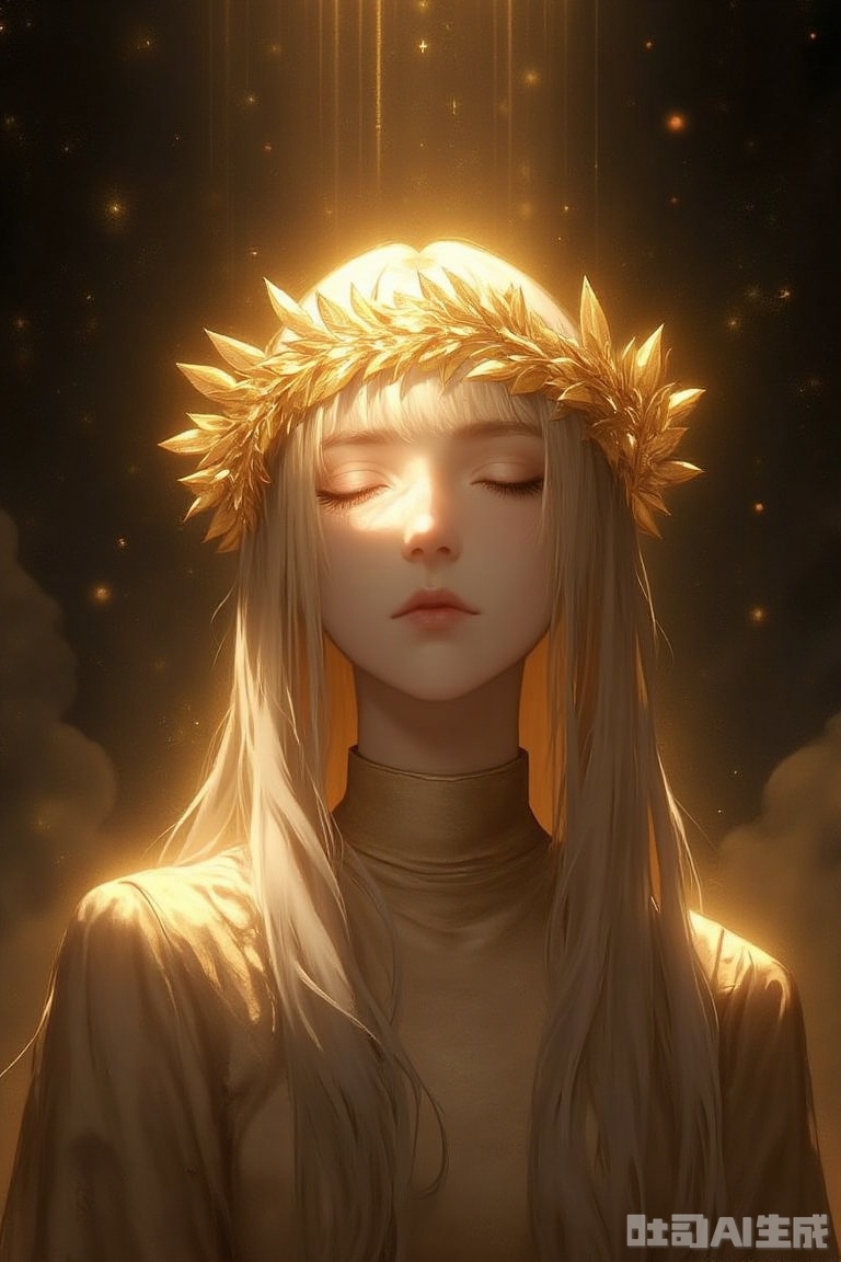 The image is a digital illustration of a woman's face and upper body
She has long blonde hair that is styled in loose waves and cascades down her back
Her eyes are closed, and she is wearing a gold crown of leaves on her head
The crown is made up of small, intricate leaves that are intricately detailed and appear to be glowing
The background is a dark, foggy landscape with a hint of orange and yellow
The overall mood of the image is mystical and mystical.