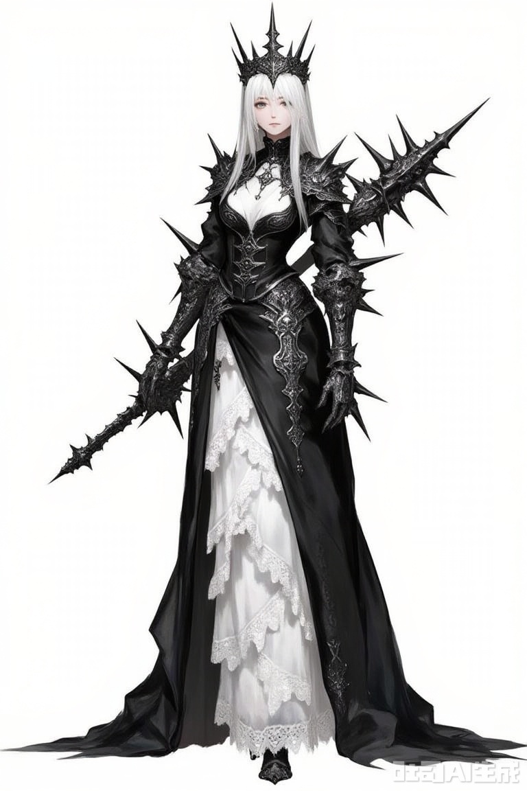 The image is a black and white illustration of a female character dressed in a medieval-style outfit
She is standing with her back to the viewer, facing towards the left side of the image
The outfit is made up of a long, flowing black cloak with a high neckline and long sleeves
The cloak is covered in intricate patterns and designs, and the sleeves are decorated with spikes and spikes
The woman is also wearing a crown of thorns on her head, which is also covered in spikes
She has long white hair and is holding a large, pointed sword in her right hand
The background is plain white, making the outfit stand out even more.