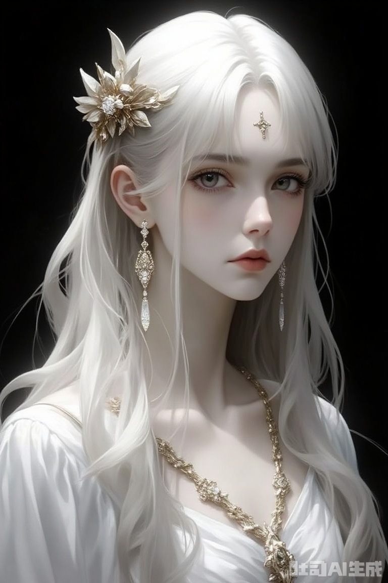 The image is a close-up portrait of a young woman with long white hair
She is wearing a white dress with a gold necklace and earrings
Her hair is styled in loose waves and cascades down her back
She has a crown of leaves on her head, which is also adorned with jewels
The woman's face is turned slightly to the side, and she has a serious expression
The background is black, making the woman and her outfit stand out
The overall mood of the image is mystical and regal.