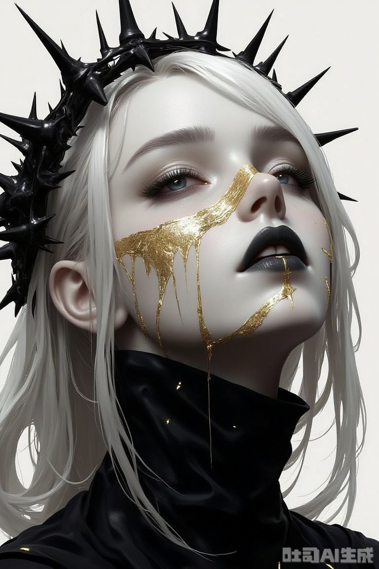 The image is a digital art piece that appears to be a portrait of a woman's face
The woman has blonde hair that is styled in loose waves and is covered in spikes
She is wearing a black outfit with gold accents on her face and neck
Her eyes are closed and her lips are slightly parted, as if she is in a trance-like state
The background is white, and the overall mood of the image is dark and eerie
The overall tone of the piece is ominous and foreboding.