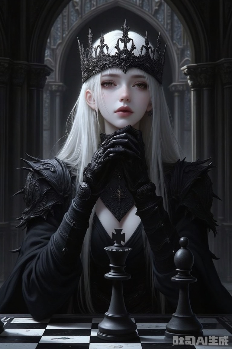 The image is a  young woman with long white hair and a crown on her head
She is wearing a black outfit with spikes on her shoulders and arms, and is sitting at a chessboard with a chess piece in front of her
The background is a dark and eerie castle-like setting with arches and pillars
The woman appears to be deep in thought, with a contemplative expression on her face
The overall mood of the image is dark and mysterious.