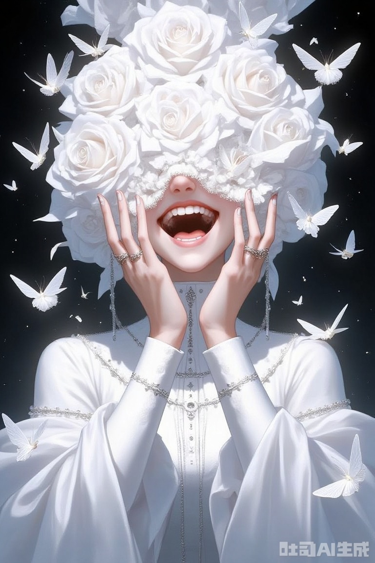 The image is a digital illustration of a woman's face
She is wearing a white dress with a high neckline and long sleeves
The dress is made of a light-colored fabric and has a high collar
The woman's eyes are closed and her mouth is open, as if she is laughing
She has a large white flower crown on her head, covering her eyes
The crown is made up of multiple white roses and leaves, and there are several white butterflies flying around her
The background is dark, making the woman and the flowers stand out
The overall mood of the image is joyful and whimsical.