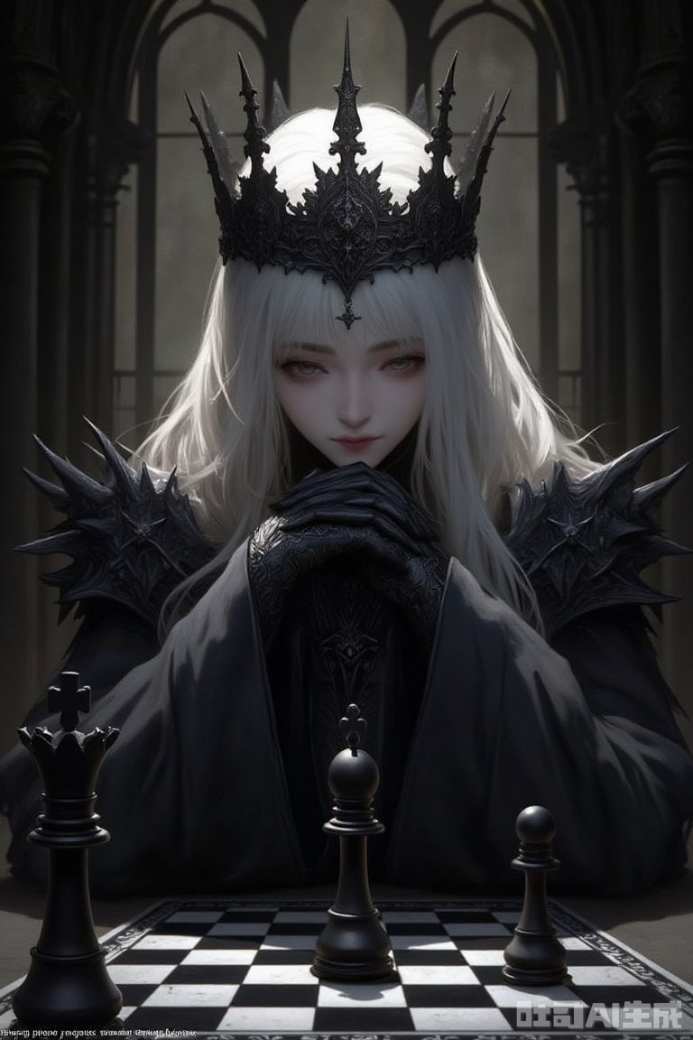 The image is a  young woman with long white hair and a crown on her head
She is wearing a black outfit with spikes on her shoulders and arms, and is sitting at a chessboard with a chess piece in front of her
The background is a dark and eerie castle-like setting with arches and pillars
The woman appears to be deep in thought, with a contemplative expression on her face
The overall mood of the image is dark and mysterious.