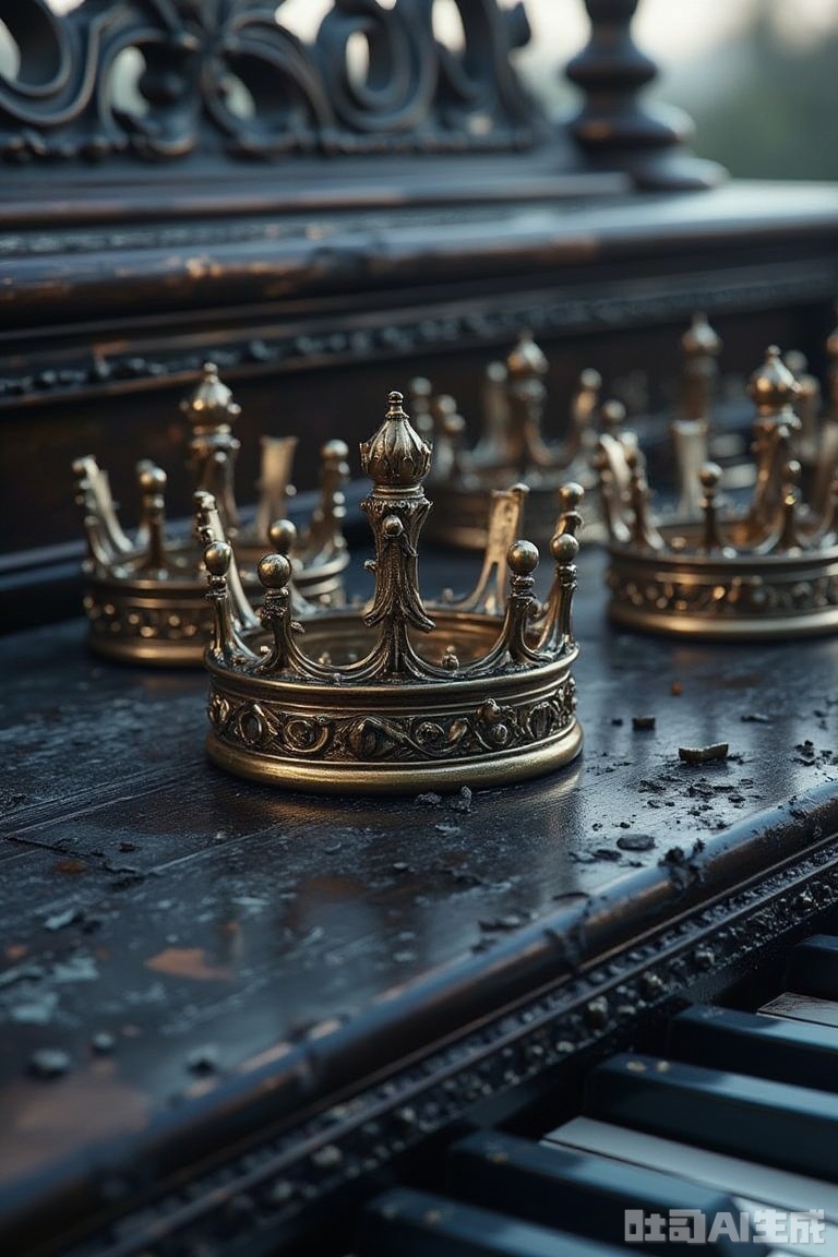 The image is a close-up of an old, ornate piano keyboard
The keys of the piano are black and appear to be dirty and worn
On top of the keys, there are several golden crowns, which are intricately designed with intricate patterns and patterns
The background is blurred, but it appears to be an indoor setting with a window and a railing visible
The overall mood of the image is dark and mysterious.
