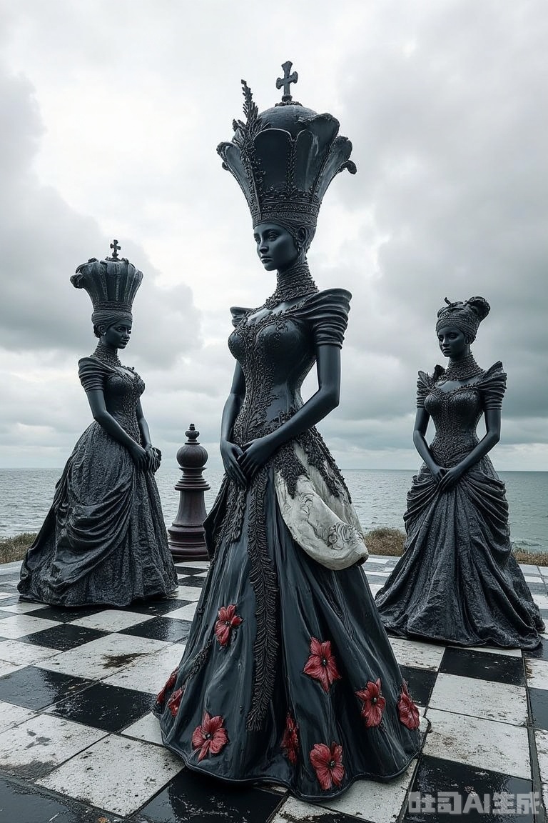 The image shows a group of three statues of women sitting on a chessboard
The statues are made of metal and are intricately detailed with intricate patterns and designs
The woman in the center is wearing a long, flowing black dress with red and white flowers on the bodice and skirt
She is also wearing a large, ornate headdress with a crown on top
The other two statues are sitting on either side of her, also wearing similar headdresses
The chessboard is black and white and is set against a cloudy sky and the ocean can be seen in the background
The overall mood of the image is dark and mysterious.