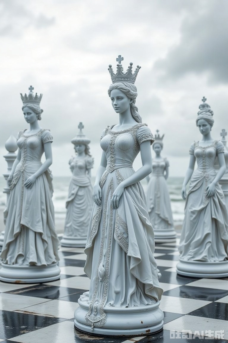 The image is a digital art piece that appears to be a photograph of a chessboard with a group of chess pieces on it
The chessboard is black and white and the pieces are made of marble
In the center of the image, there is a statue of a woman wearing a white dress with intricate details and a crown on her head
She is standing in front of the chessboard and is looking off to the side with a serious expression on her face
Behind her, there are several other chess pieces that are also made of white marble and are arranged in a line
The background is a cloudy sky and the ocean can be seen in the distance
The image has a dreamy, ethereal quality to it.