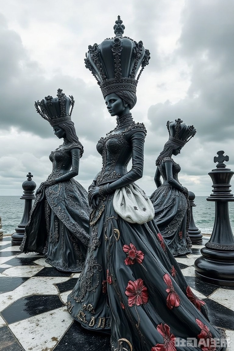 The image shows a group of three statues of women sitting on a chessboard
The statues are made of metal and are intricately detailed with intricate patterns and designs
The woman in the center is wearing a long, flowing black dress with red and white flowers on the bodice and skirt
She is also wearing a large, ornate headdress with a crown on top
The other two statues are sitting on either side of her, also wearing similar headdresses
The chessboard is black and white and is set against a cloudy sky and the ocean can be seen in the background
The overall mood of the image is dark and mysterious.