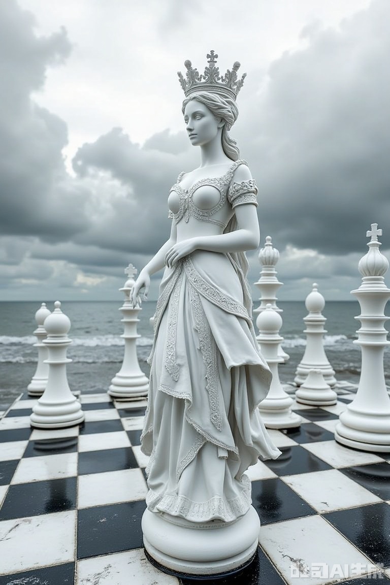The image is a digital art piece that appears to be a photograph of a chessboard with a group of chess pieces on it
The chessboard is black and white and the pieces are made of marble
In the center of the image, there is a statue of a woman wearing a white dress with intricate details and a crown on her head
She is standing in front of the chessboard and is looking off to the side with a serious expression on her face
Behind her, there are several other chess pieces that are also made of white marble and are arranged in a line
The background is a cloudy sky and the ocean can be seen in the distance
The image has a dreamy, ethereal quality to it.