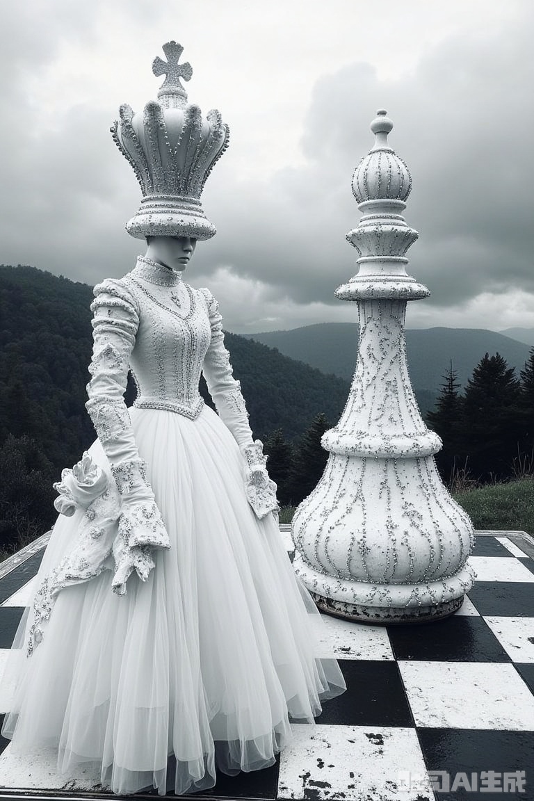 The image is a black and white photograph of two people standing on a chessboard
The person on the left is wearing a white dress with intricate details and patterns
The dress has a high neckline and long sleeves, and the skirt is made of tulle. The person in the middle is standing with their back to the camera, facing away from the camera
They have a large white chess piece on their head, which appears to be a king or queen
The chess piece is covered in small silver beads and has a pointed top
The background is a landscape of trees and hills, with a cloudy sky above
The overall mood of the image is surreal and dreamlike.
