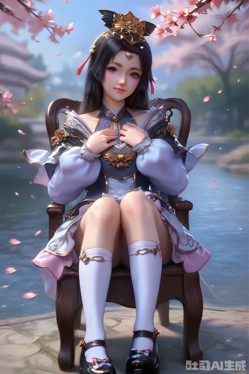 score_9,score_8_up,score_7_up, 1girl,solo,looking at viewer,looking at viewer,looking at viewer,black hair,hair ornament,long hair,long sleeves,dress,puffy sleeves,lips,outdoors,Cherry Blossoms,petals,facing viewer,faceoff,bow,happiness,happiness,water,splashing,spray,mary_janes,white socks, bobby socks, black footwear,footwear bow,sitting,on chair,hand on own chest,realistic