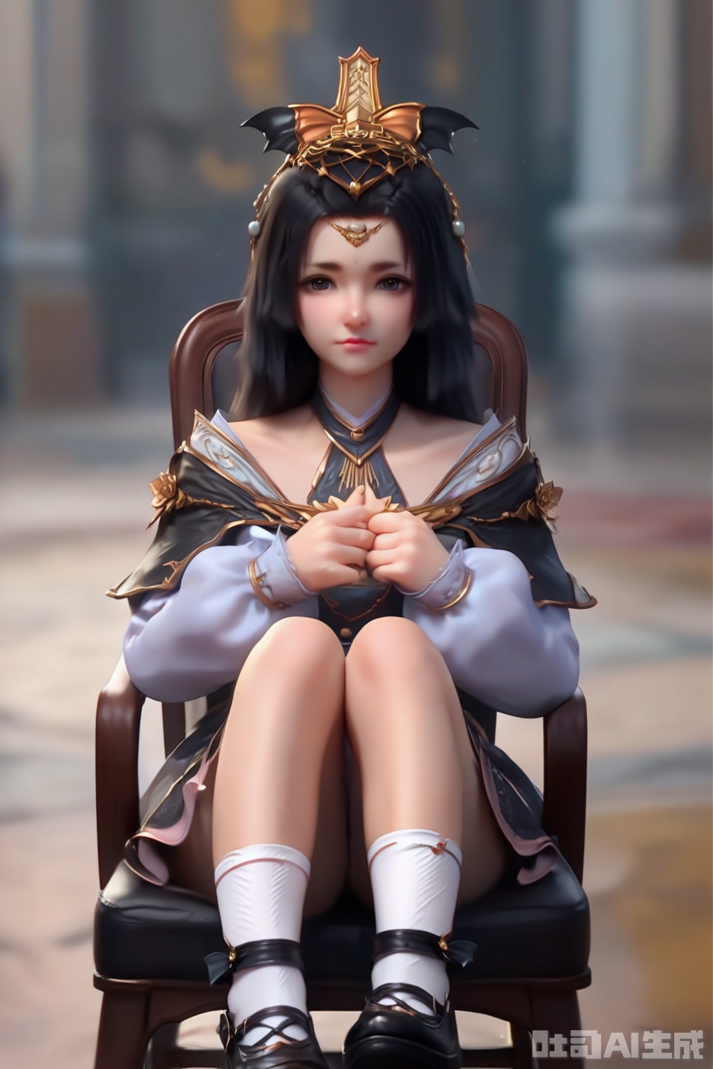 score_9,score_8_up,score_7_up, 1girl,solo,looking at viewer,looking at viewer,looking at viewer,black hair,hair ornament,long hair,long sleeves,dress,puffy sleeves,lips,facing viewer,faceoff,bow,happiness,happiness,mary_janes,white socks, bobby socks, black footwear,footwear bow,sitting,on chair,hand on own chest,realistic,indoors,blurry background