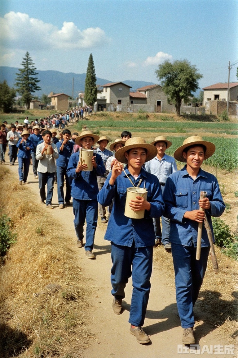 The photos are filled with retro texture from the 1980s, presenting a rural collective labor scene. The characters wear uniform blue work clothes and straw hats, and their hairstyles are simple. Some people carry water and some hold farm tools in the team. The background is local buildings and farmland, which fully demonstrates the simplicity and vitality of collective work in that era and restores the true style of time.