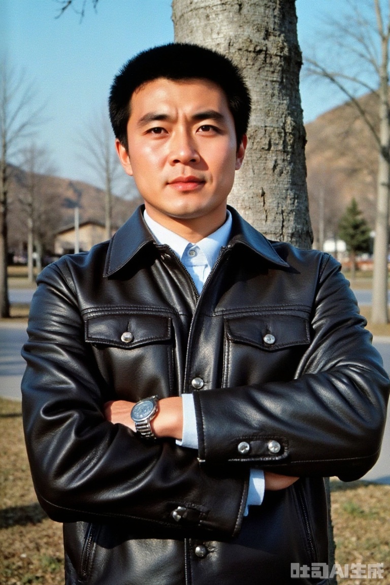The photos are full of retro texture from the 1980s. The character is actor Wang Yongge, with neat short hair, wearing a classic leather jacket with inner wear, crossed arms, and the background is trees and outdoor scenes, showing the unique style and tough temperament of film and television people of that era.,Old photos