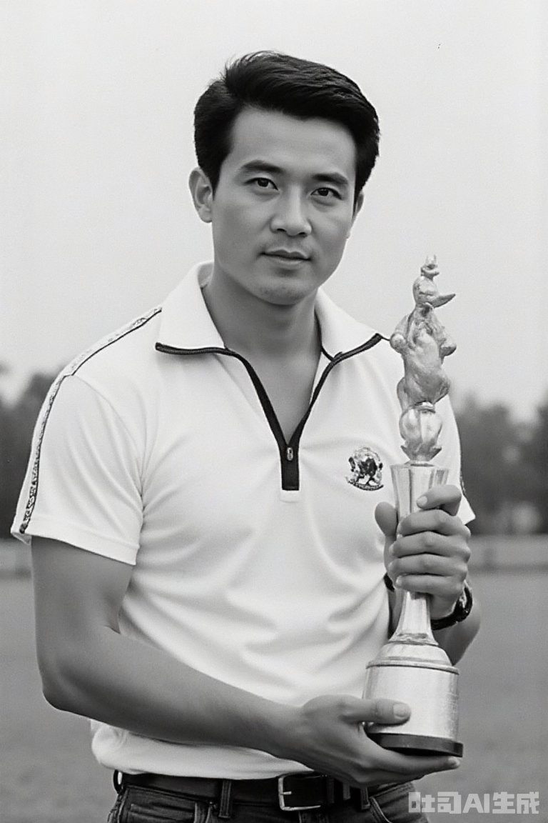 shot in1980s,The picture shows a rich texture from the 1980s with black and white images. The man is a typical handsome guy at that time, with neat short hair, tough facial features, simple short sleeves with lapels and decorative lines, holding a unique trophy in both hands, the background is hazy and blurry, and the overall freezes the style of the times, showing a nostalgic atmosphere.