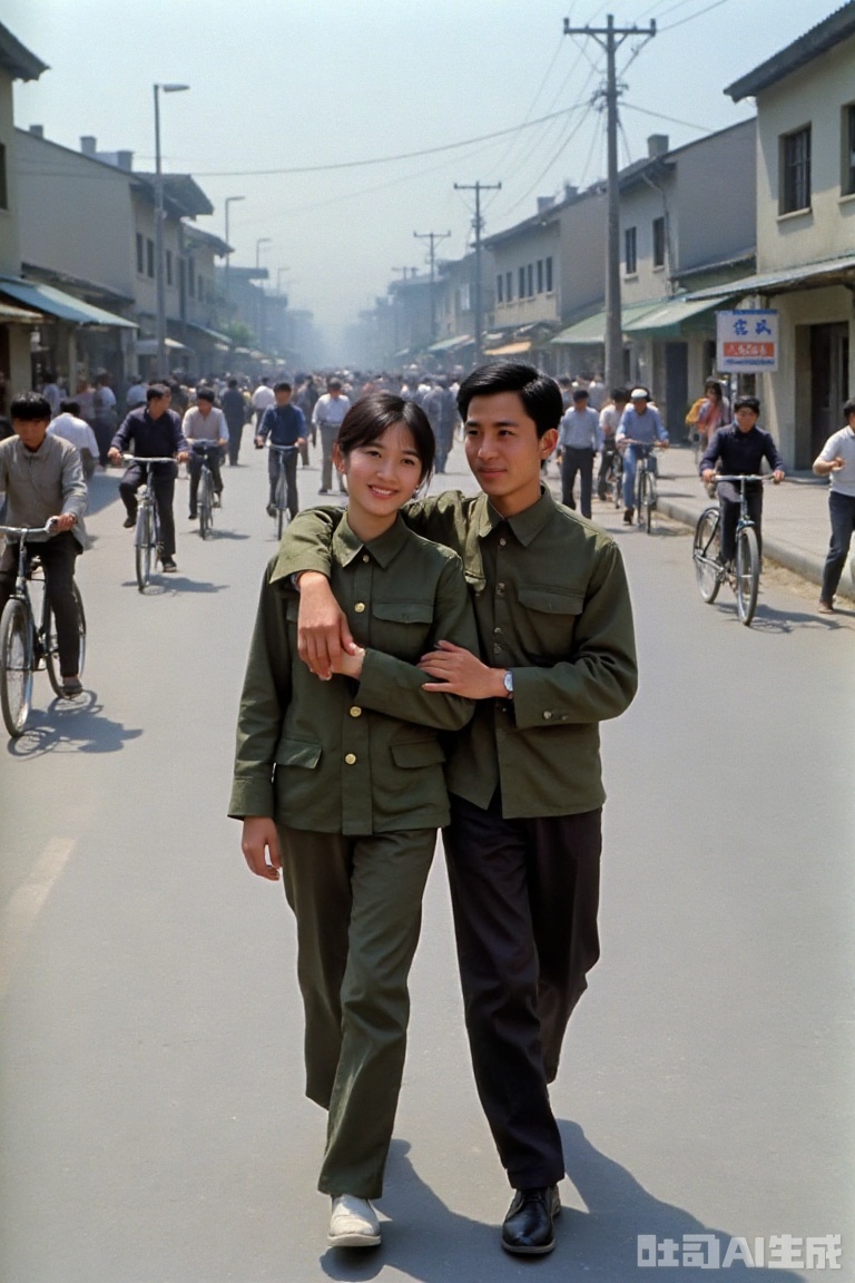 The photos are full of retro texture from the 1980s. The characters wear classic Zhongshan outfits and military green tops, with neat hairstyles, and bicycles and old-fashioned buildings on the street background. The two of them are intimately walking together, showing the youthful atmosphere and life fireworks of that era, restoring the real street scene of the 1980s.