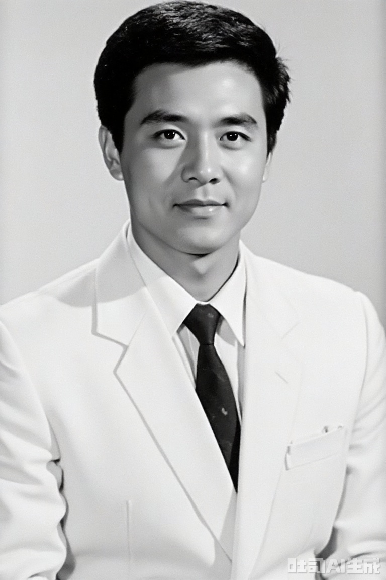The photos are full of retro texture from the 1980s and have a strong black and white film. The character has neat hairstyle, wearing a white suit, shirt and tie, with a straight posture and a simple background, showing the elegant style of that era, and being handsome, perfectly interpreting the demeanor and charm of the 1980s.