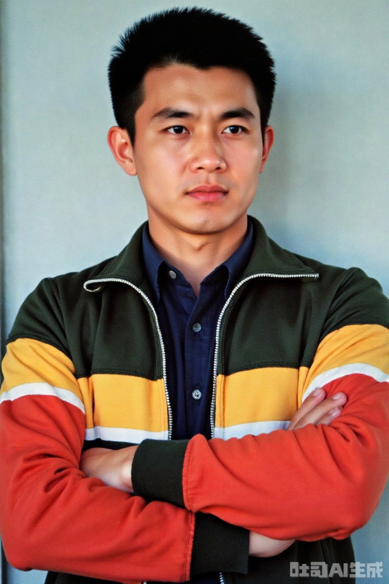 shot in1980s,The photos exudes a strong atmosphere of the 1980s, and the colors and textures are all retro. The character has a tough face, wearing a classic color-blocking sports jacket, dark clothes inside, a neat buzz cut, a simple and hazy background, and a crossed arms to restore the unique style and character temperament of that era.