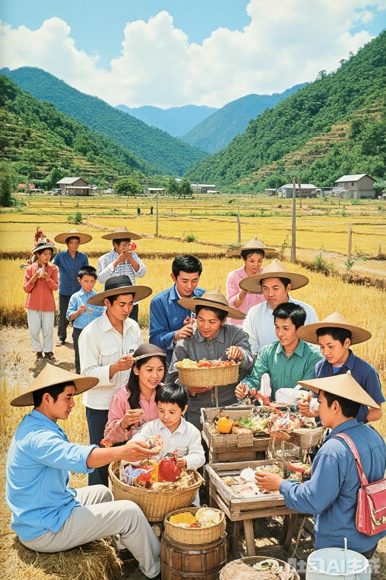 This is a picture showing the scene of the Chinese rural scene in the 1980s. The characters wear hats and simple clothes with the characteristics of the times, and trade in simple stalls in the fields. The background is a typical rural landscape, conveying the simplicity and fireworks of rural life in that era, without the physical information such as specific characters' names.
