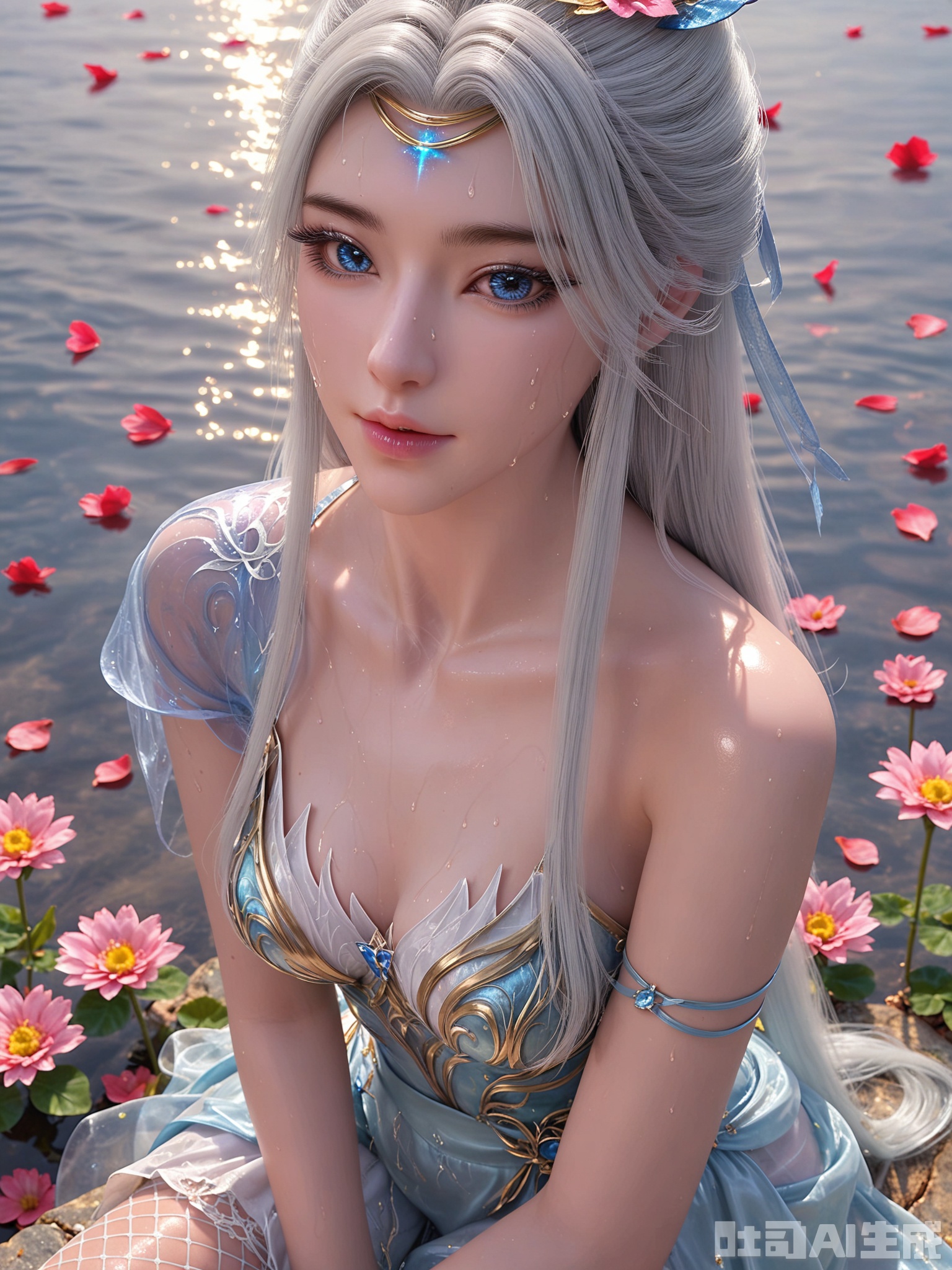 score_9,score_8_up,score_7_up,realistic,photorealistic,1girl,looking_at_viewer,realistic,1girl,Vivid Colors,bright environment,delicate water,hair_ornament,shiny skin,shiny hair,reflection,dress,flower sea,falling petals,extreme detail description,(upper body:0.3),put one hand on your side,long_hair,(skindentation:1.3),Fishnet stockings,bright,sunshine on face,light,sweating,dress,light,sitting_down,glowing,sunshine,bright,reflection