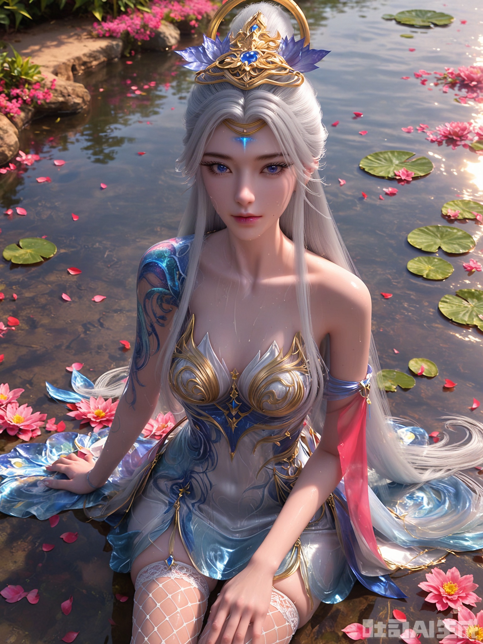 score_9,score_8_up,score_7_up,realistic,photorealistic,1girl,looking_at_viewer,realistic,1girl,Vivid Colors,bright environment,delicate water,hair_ornament,shiny skin,shiny hair,reflection,dress,flower sea,falling petals,extreme detail description,(upper body:0.3),put one hand on your side,long_hair,(skindentation:1.3),Fishnet stockings,bright,sunshine on face,light,sweating,dress,light,sitting_down,glowing,sunshine,bright,reflection
