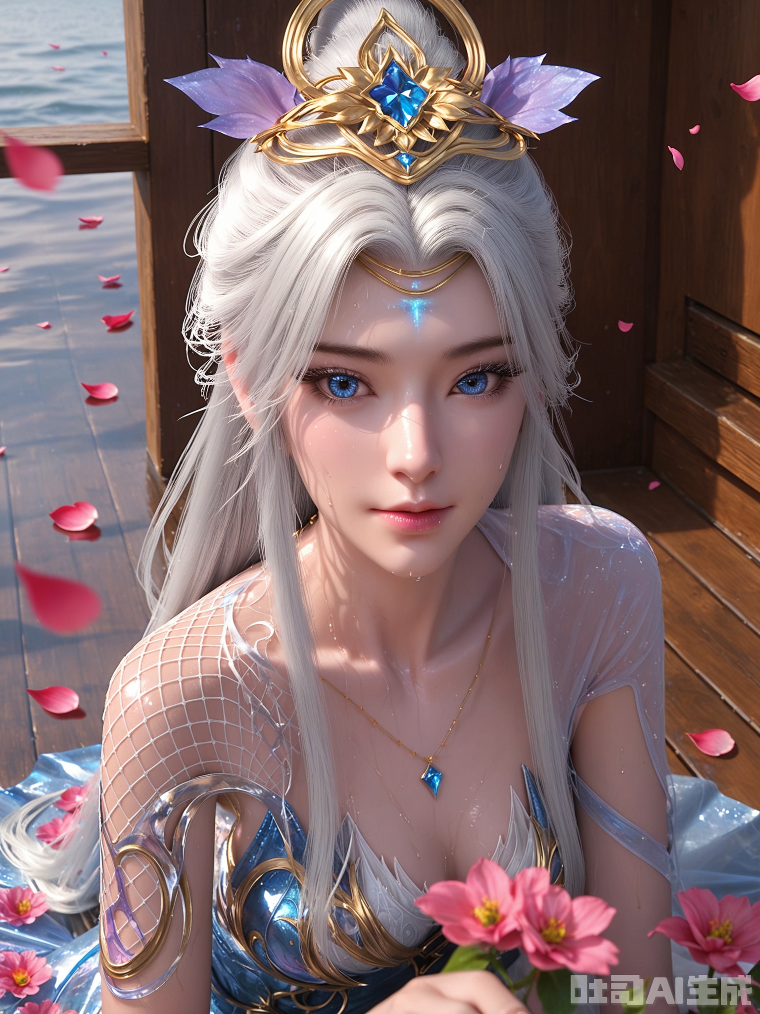 score_9,score_8_up,score_7_up,realistic,photorealistic,1girl,looking_at_viewer,realistic,1girl,Vivid Colors,bright environment,delicate water,hair_ornament,shiny skin,shiny hair,reflection,dress,flower sea,falling petals,extreme detail description,(upper body:0.3),put one hand on your side,long_hair,(skindentation:1.3),Fishnet stockings,bright,sunshine on face,light,sweating,dress,light,sitting_down,glowing,sunshine,bright,reflection