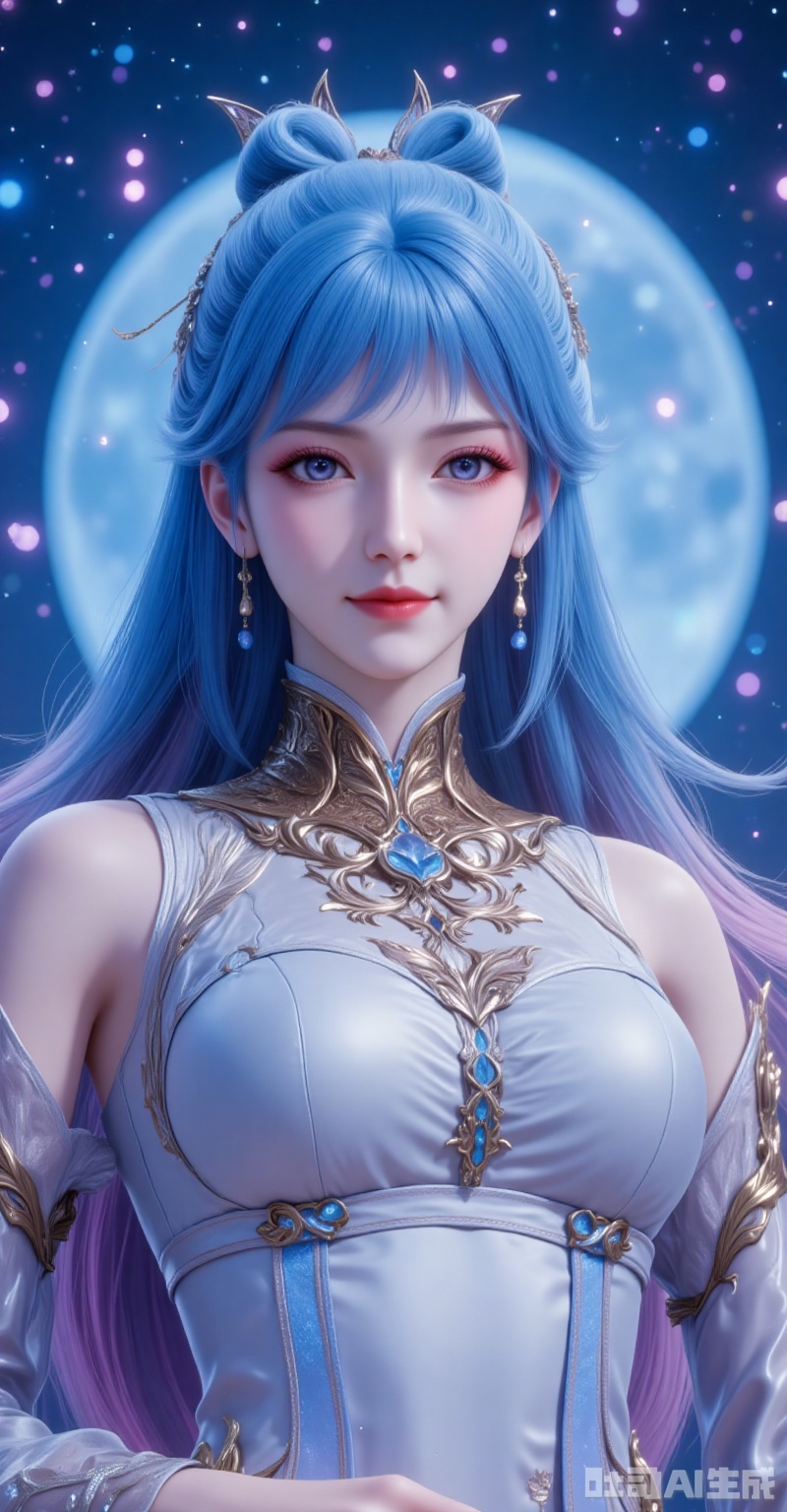 ,tangwutong,blue hair,long hair,hair ornament,blue eyes,earrings,1girl,solo,hair ornament,upper body,blue hair,blue eyes,long hair,dress,moon,night,closed mouth,smile,white dress,bare shoulders,multicolored hair,gradient hair,looking at viewer,27,cover,gradient background,close-up details,outstanding style,adding a touch of dimension to your images without compromising details,close-up,,lvjing,