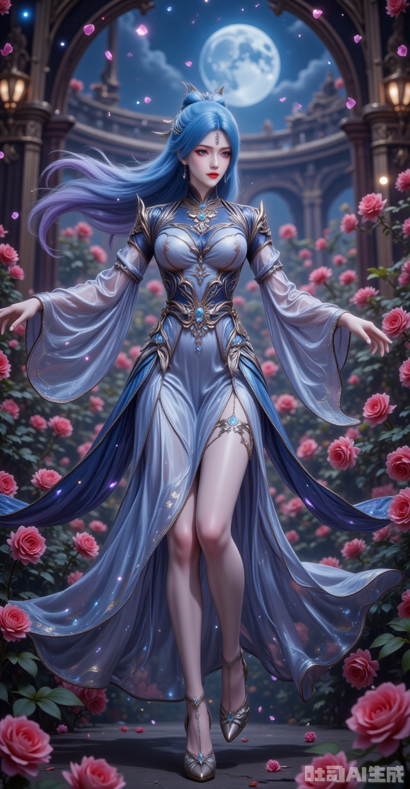 This mesmerizing 8K portrait captures an ethereal blue-haired goddess dancing amidst a sea of blooming roses. Her cascading azure tresses shimmer with an iridescent pearl-like luster, adorned with delicate silver ornaments that sway like moonlit sprites with each graceful movement. Those enigmatic gray eyes, glowing with a subtle pink radiance, captivate the viewer, while her glistening ruby lips - reminiscent of deep-sea coral - create a striking contrast against her blue locks.

The exquisitely crafted traditional gown showcases her divine silhouette, with flowing black patterns swirling like ocean currents across the skirt, their embedded sapphires refracting mysterious hues with every twirl. The billowing sleeves - a harmonious blend of sheer chiffon and luxurious brocade - undulate like ocean waves, their diamond-studded hems tracing celestial arcs that sparkle in the twilight.

In this extravagant rose garden, countless crimson blossoms burst into full bloom, creating a tempest of petals that frame her enchanting performance. Shot from a dramatic low angle with exquisite backlighting, every element conspires to compose a visual symphony where the depths of the ocean meet the fire of roses. The breathtaking 8K resolution captures each falling petal, each sparkling gemstone, transforming this fleeting moment into an eternal vision of sublime beauty. lvjing,tangwutong,
