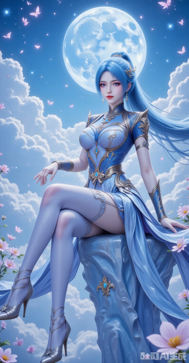 tangwutong,blue hair,long hair,hair ornament,blue eyes,earrings,1girl,bug,long hair,butterfly,high heels,solo,blue hair,dress,moon,sky,ponytail,flower,full body,blue dress,hair ornament,breasts,cloud,thighhighs,blue eyes,very long hair,sitting,8,cover,gradient background,close-up details,outstanding style,adding a touch of dimension to your images without compromising details,close-up,. lvjing,