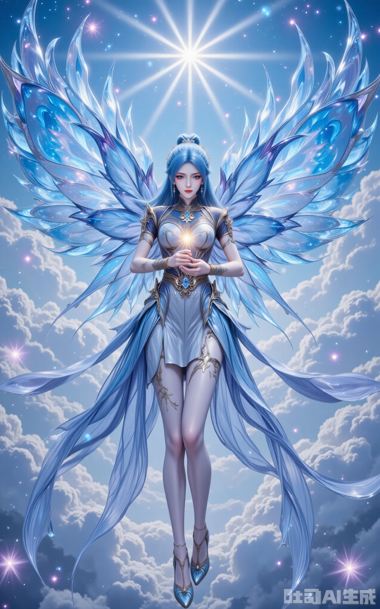 tangwutong,blue hair,long hair,hair ornament,blue eyes,earrings,butterfly wings, wings,hair bun, The rising sun fractures through cumulus veils, bathing her in cerulean radiance. Icy-blue tresses undulate like auroral waves, their crystal-adorned ends scattering prismatic dust. Gigantic morpho wings shimmer with structural coloration, each scale refracting unique azure hues that harmonize with the celestial embroidery on her gown. Cradling a miniature sun in her palms, she floats amidst swirling sapphire energy that paints galactic patterns in the air. Shot from a devotional low angle, the 8K resolution reveals even the microscopic architecture of wing scales and the precision-cut facets of sapphire heels, transforming the scene into a transcendent vision. lvjing,