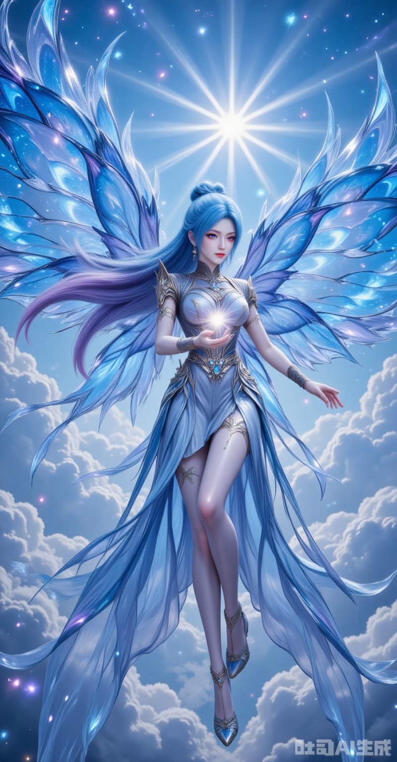 tangwutong,blue hair,long hair,hair ornament,blue eyes,earrings,butterfly wings, wings,hair bun, The rising sun fractures through cumulus veils, bathing her in cerulean radiance. Icy-blue tresses undulate like auroral waves, their crystal-adorned ends scattering prismatic dust. Gigantic morpho wings shimmer with structural coloration, each scale refracting unique azure hues that harmonize with the celestial embroidery on her gown. Cradling a miniature sun in her palms, she floats amidst swirling sapphire energy that paints galactic patterns in the air. Shot from a devotional low angle, the 8K resolution reveals even the microscopic architecture of wing scales and the precision-cut facets of sapphire heels, transforming the scene into a transcendent vision. lvjing,