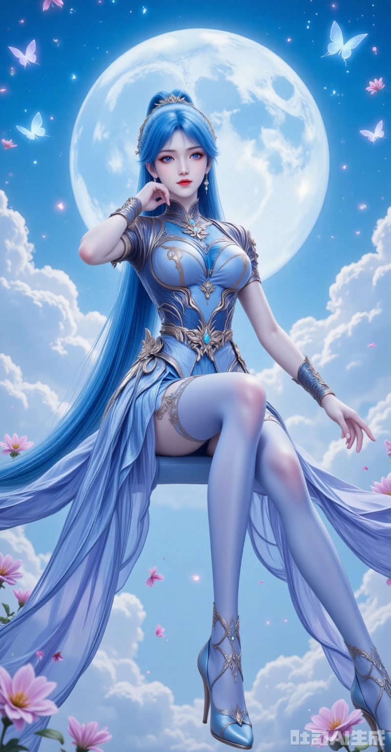 tangwutong,blue hair,long hair,hair ornament,blue eyes,earrings,1girl,bug,long hair,butterfly,high heels,solo,blue hair,dress,moon,sky,ponytail,flower,full body,blue dress,hair ornament,breasts,cloud,thighhighs,blue eyes,very long hair,sitting,8,cover,gradient background,close-up details,outstanding style,adding a touch of dimension to your images without compromising details,close-up,. lvjing,