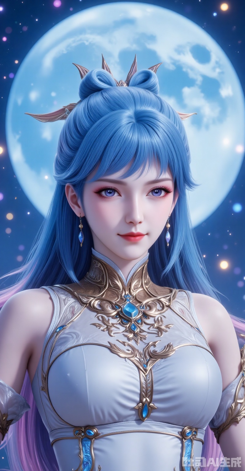 ,tangwutong,blue hair,long hair,hair ornament,blue eyes,earrings,1girl,solo,hair ornament,upper body,blue hair,blue eyes,long hair,dress,moon,night,closed mouth,smile,white dress,bare shoulders,multicolored hair,gradient hair,looking at viewer,27,cover,gradient background,close-up details,outstanding style,adding a touch of dimension to your images without compromising details,close-up,,lvjing,