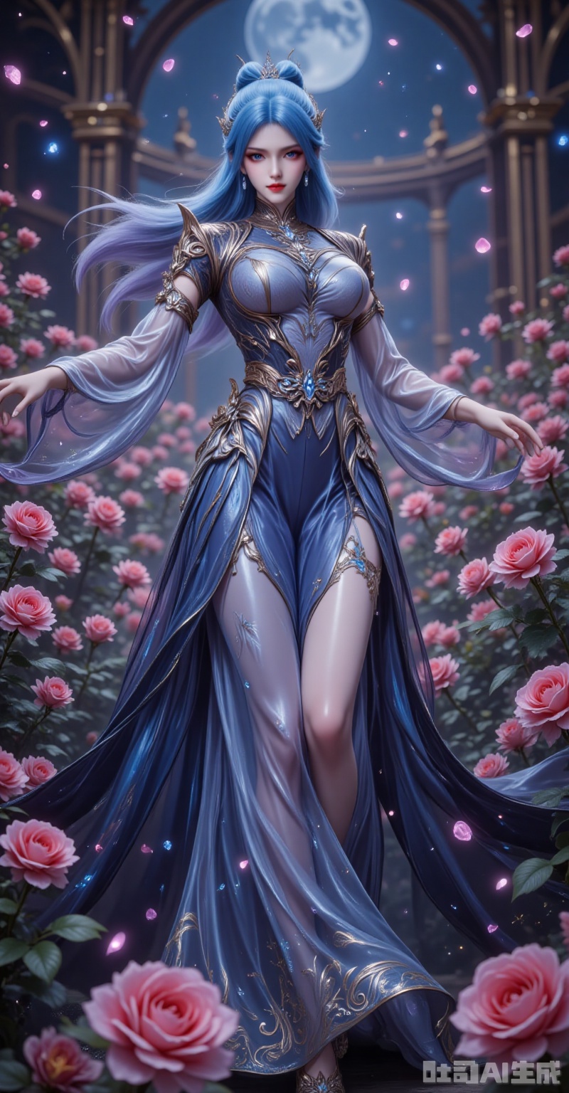 This mesmerizing 8K portrait captures an ethereal blue-haired goddess dancing amidst a sea of blooming roses. Her cascading azure tresses shimmer with an iridescent pearl-like luster, adorned with delicate silver ornaments that sway like moonlit sprites with each graceful movement. Those enigmatic gray eyes, glowing with a subtle pink radiance, captivate the viewer, while her glistening ruby lips - reminiscent of deep-sea coral - create a striking contrast against her blue locks.

The exquisitely crafted traditional gown showcases her divine silhouette, with flowing black patterns swirling like ocean currents across the skirt, their embedded sapphires refracting mysterious hues with every twirl. The billowing sleeves - a harmonious blend of sheer chiffon and luxurious brocade - undulate like ocean waves, their diamond-studded hems tracing celestial arcs that sparkle in the twilight.

In this extravagant rose garden, countless crimson blossoms burst into full bloom, creating a tempest of petals that frame her enchanting performance. Shot from a dramatic low angle with exquisite backlighting, every element conspires to compose a visual symphony where the depths of the ocean meet the fire of roses. The breathtaking 8K resolution captures each falling petal, each sparkling gemstone, transforming this fleeting moment into an eternal vision of sublime beauty. lvjing,tangwutong,