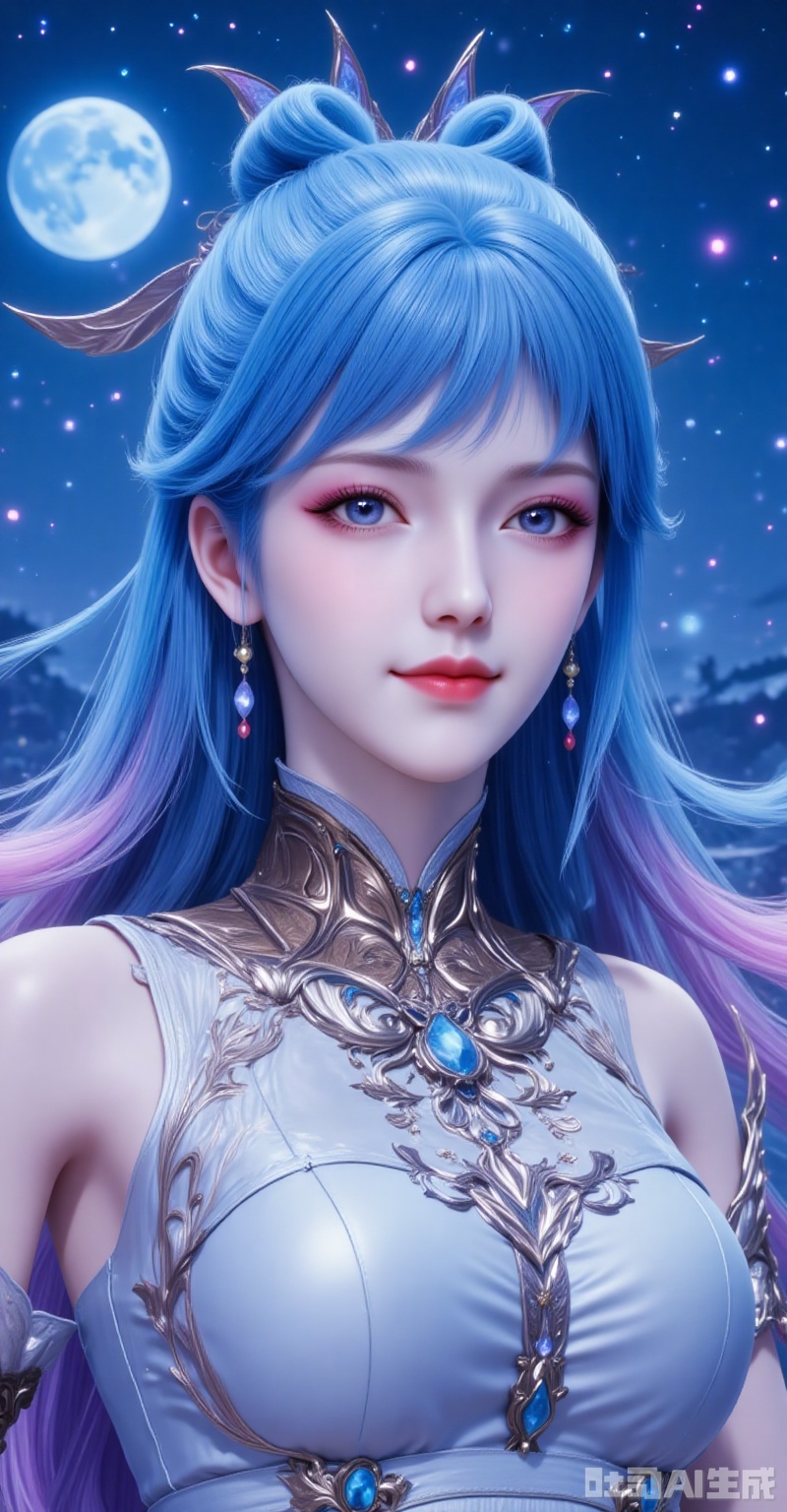,tangwutong,blue hair,long hair,hair ornament,blue eyes,earrings,1girl,solo,hair ornament,upper body,blue hair,blue eyes,long hair,dress,moon,night,closed mouth,smile,white dress,bare shoulders,multicolored hair,gradient hair,looking at viewer,27,cover,gradient background,close-up details,outstanding style,adding a touch of dimension to your images without compromising details,close-up,,lvjing,