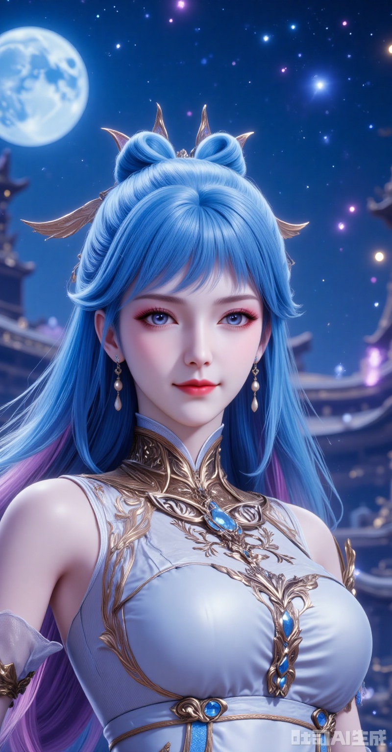 ,tangwutong,blue hair,long hair,hair ornament,blue eyes,earrings,1girl,solo,hair ornament,upper body,blue hair,blue eyes,long hair,dress,moon,night,closed mouth,smile,white dress,bare shoulders,multicolored hair,gradient hair,looking at viewer,27,cover,gradient background,close-up details,outstanding style,adding a touch of dimension to your images without compromising details,close-up,,lvjing,