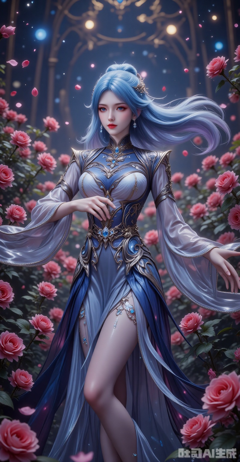 This mesmerizing 8K portrait captures an ethereal blue-haired goddess dancing amidst a sea of blooming roses. Her cascading azure tresses shimmer with an iridescent pearl-like luster, adorned with delicate silver ornaments that sway like moonlit sprites with each graceful movement. Those enigmatic gray eyes, glowing with a subtle pink radiance, captivate the viewer, while her glistening ruby lips - reminiscent of deep-sea coral - create a striking contrast against her blue locks.

The exquisitely crafted traditional gown showcases her divine silhouette, with flowing black patterns swirling like ocean currents across the skirt, their embedded sapphires refracting mysterious hues with every twirl. The billowing sleeves - a harmonious blend of sheer chiffon and luxurious brocade - undulate like ocean waves, their diamond-studded hems tracing celestial arcs that sparkle in the twilight.

In this extravagant rose garden, countless crimson blossoms burst into full bloom, creating a tempest of petals that frame her enchanting performance. Shot from a dramatic low angle with exquisite backlighting, every element conspires to compose a visual symphony where the depths of the ocean meet the fire of roses. The breathtaking 8K resolution captures each falling petal, each sparkling gemstone, transforming this fleeting moment into an eternal vision of sublime beauty. lvjing,tangwutong,