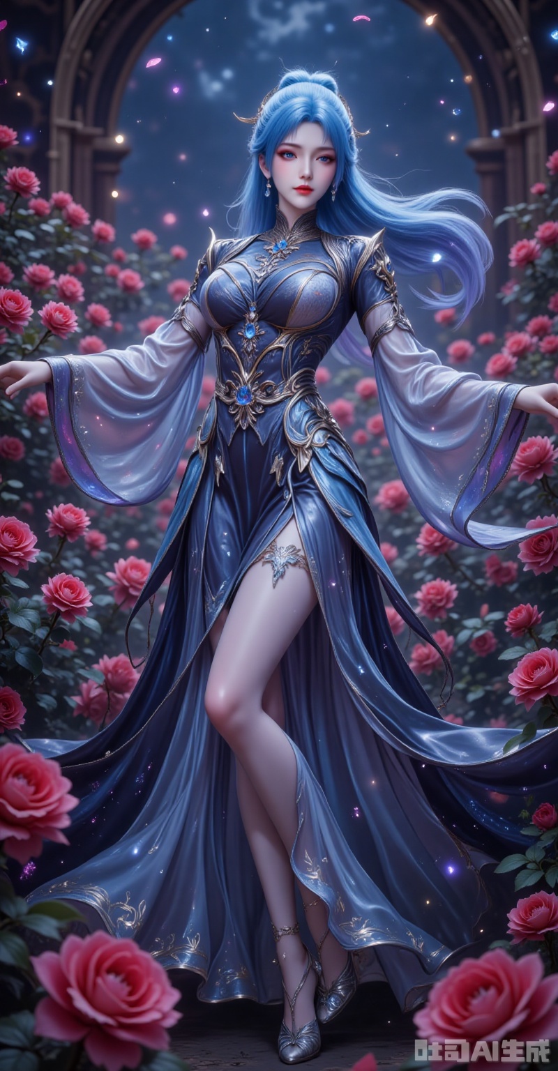 This mesmerizing 8K portrait captures an ethereal blue-haired goddess dancing amidst a sea of blooming roses. Her cascading azure tresses shimmer with an iridescent pearl-like luster, adorned with delicate silver ornaments that sway like moonlit sprites with each graceful movement. Those enigmatic gray eyes, glowing with a subtle pink radiance, captivate the viewer, while her glistening ruby lips - reminiscent of deep-sea coral - create a striking contrast against her blue locks.

The exquisitely crafted traditional gown showcases her divine silhouette, with flowing black patterns swirling like ocean currents across the skirt, their embedded sapphires refracting mysterious hues with every twirl. The billowing sleeves - a harmonious blend of sheer chiffon and luxurious brocade - undulate like ocean waves, their diamond-studded hems tracing celestial arcs that sparkle in the twilight.

In this extravagant rose garden, countless crimson blossoms burst into full bloom, creating a tempest of petals that frame her enchanting performance. Shot from a dramatic low angle with exquisite backlighting, every element conspires to compose a visual symphony where the depths of the ocean meet the fire of roses. The breathtaking 8K resolution captures each falling petal, each sparkling gemstone, transforming this fleeting moment into an eternal vision of sublime beauty. lvjing,tangwutong,