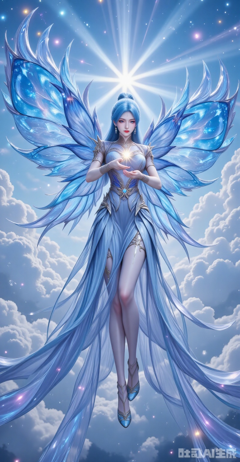 tangwutong,blue hair,long hair,hair ornament,blue eyes,earrings,butterfly wings, wings,hair bun, The rising sun fractures through cumulus veils, bathing her in cerulean radiance. Icy-blue tresses undulate like auroral waves, their crystal-adorned ends scattering prismatic dust. Gigantic morpho wings shimmer with structural coloration, each scale refracting unique azure hues that harmonize with the celestial embroidery on her gown. Cradling a miniature sun in her palms, she floats amidst swirling sapphire energy that paints galactic patterns in the air. Shot from a devotional low angle, the 8K resolution reveals even the microscopic architecture of wing scales and the precision-cut facets of sapphire heels, transforming the scene into a transcendent vision. lvjing,