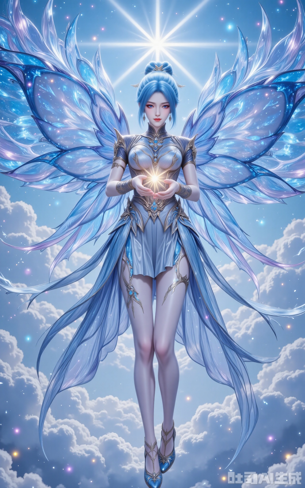 tangwutong,blue hair,long hair,hair ornament,blue eyes,earrings,butterfly wings, wings,hair bun, The rising sun fractures through cumulus veils, bathing her in cerulean radiance. Icy-blue tresses undulate like auroral waves, their crystal-adorned ends scattering prismatic dust. Gigantic morpho wings shimmer with structural coloration, each scale refracting unique azure hues that harmonize with the celestial embroidery on her gown. Cradling a miniature sun in her palms, she floats amidst swirling sapphire energy that paints galactic patterns in the air. Shot from a devotional low angle, the 8K resolution reveals even the microscopic architecture of wing scales and the precision-cut facets of sapphire heels, transforming the scene into a transcendent vision. lvjing,