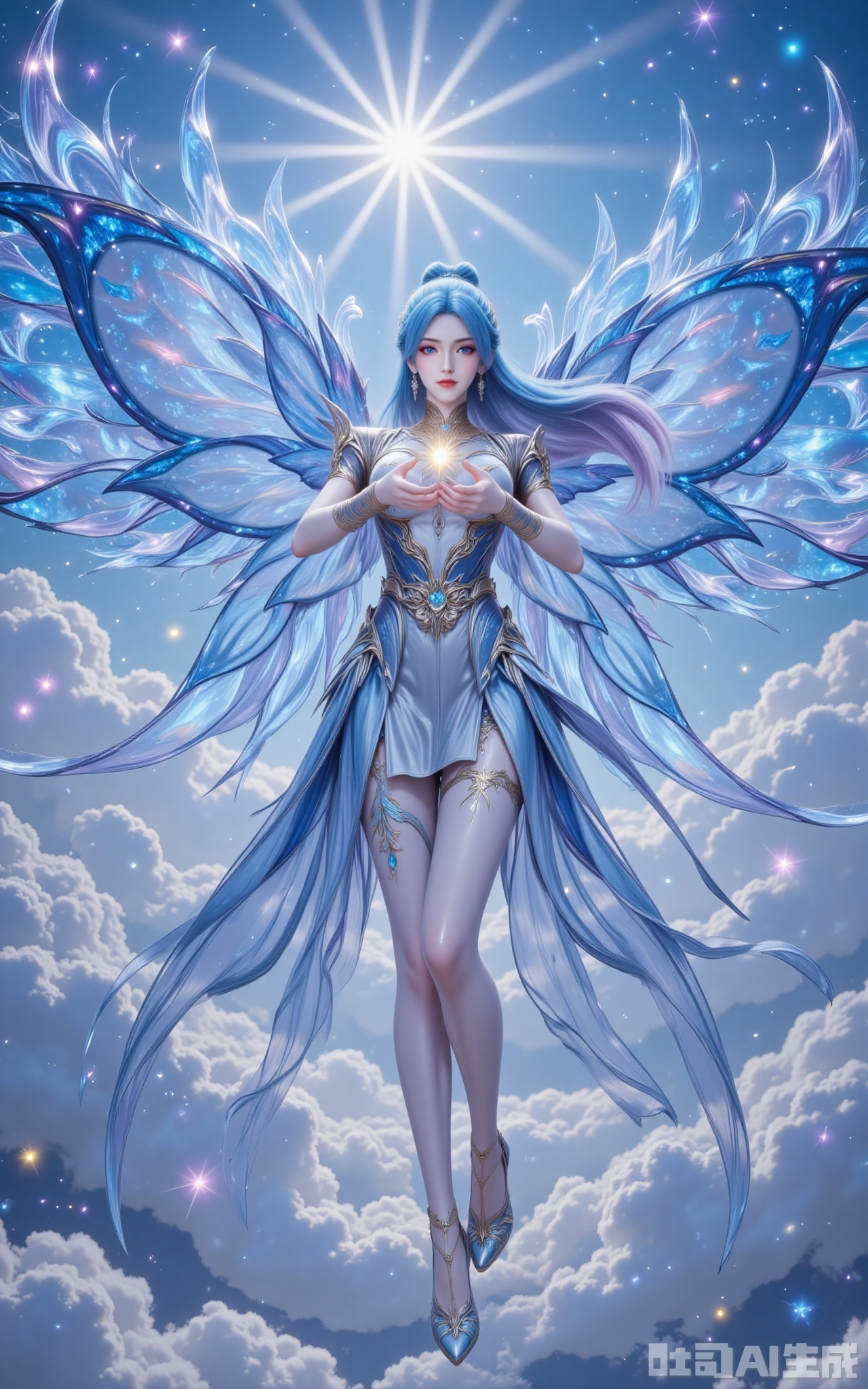 tangwutong,blue hair,long hair,hair ornament,blue eyes,earrings,butterfly wings, wings,hair bun, The rising sun fractures through cumulus veils, bathing her in cerulean radiance. Icy-blue tresses undulate like auroral waves, their crystal-adorned ends scattering prismatic dust. Gigantic morpho wings shimmer with structural coloration, each scale refracting unique azure hues that harmonize with the celestial embroidery on her gown. Cradling a miniature sun in her palms, she floats amidst swirling sapphire energy that paints galactic patterns in the air. Shot from a devotional low angle, the 8K resolution reveals even the microscopic architecture of wing scales and the precision-cut facets of sapphire heels, transforming the scene into a transcendent vision. lvjing,