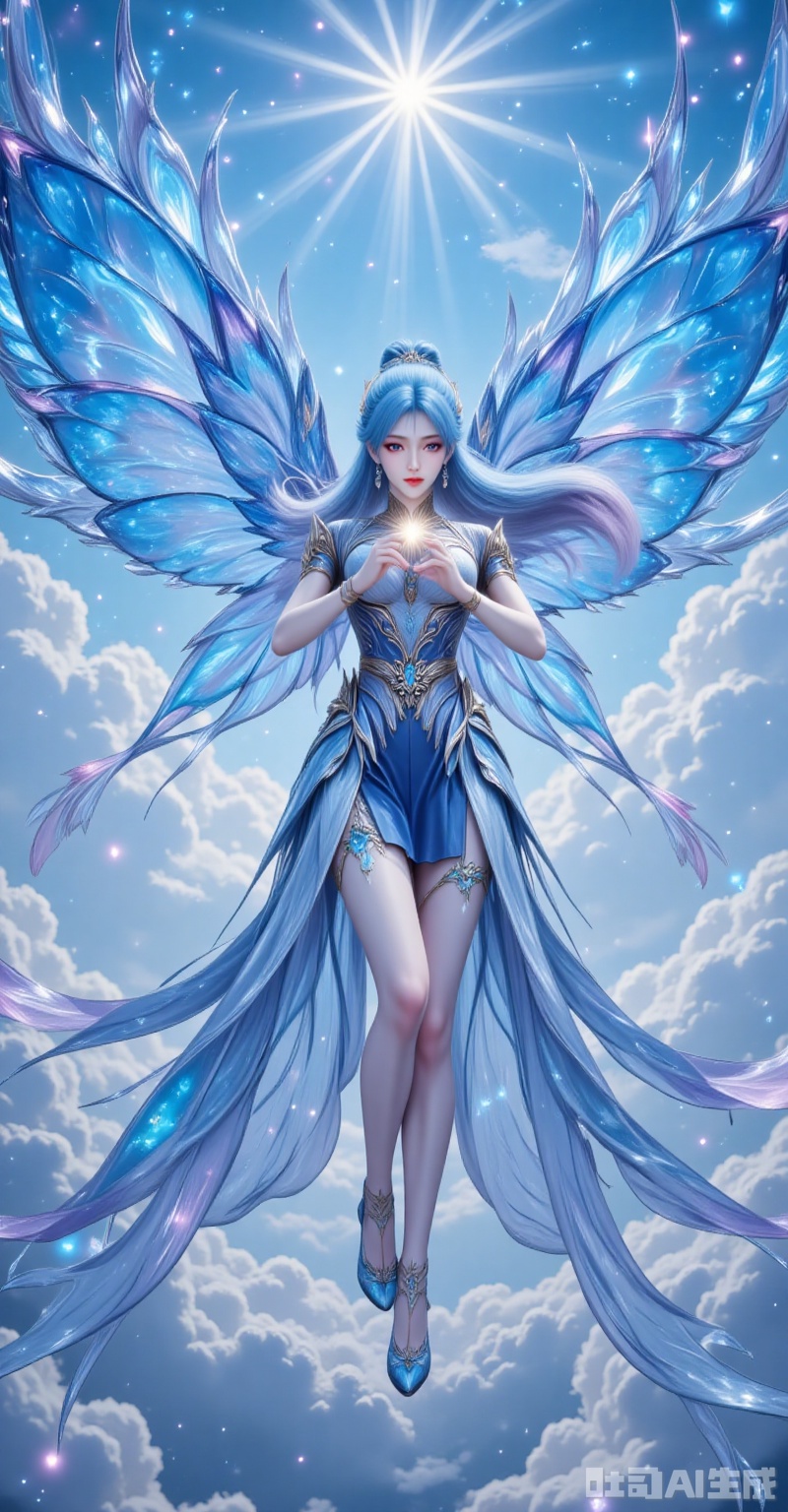 tangwutong,blue hair,long hair,hair ornament,blue eyes,earrings,butterfly wings, wings,hair bun, The rising sun fractures through cumulus veils, bathing her in cerulean radiance. Icy-blue tresses undulate like auroral waves, their crystal-adorned ends scattering prismatic dust. Gigantic morpho wings shimmer with structural coloration, each scale refracting unique azure hues that harmonize with the celestial embroidery on her gown. Cradling a miniature sun in her palms, she floats amidst swirling sapphire energy that paints galactic patterns in the air. Shot from a devotional low angle, the 8K resolution reveals even the microscopic architecture of wing scales and the precision-cut facets of sapphire heels, transforming the scene into a transcendent vision. lvjing,